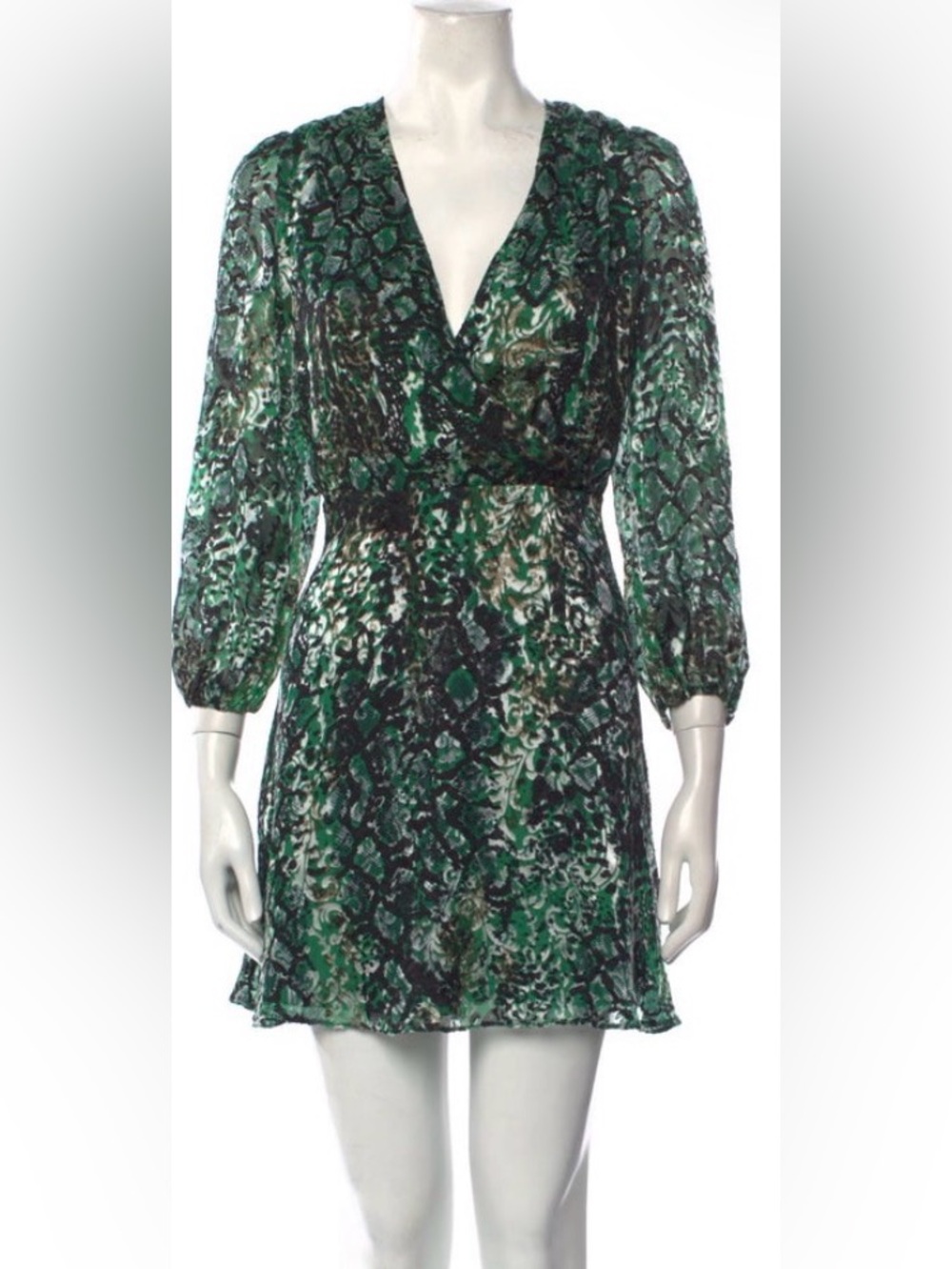 Alice + Olivia Green and Black Printed V-Neck Long-Sleeve Mini Dress